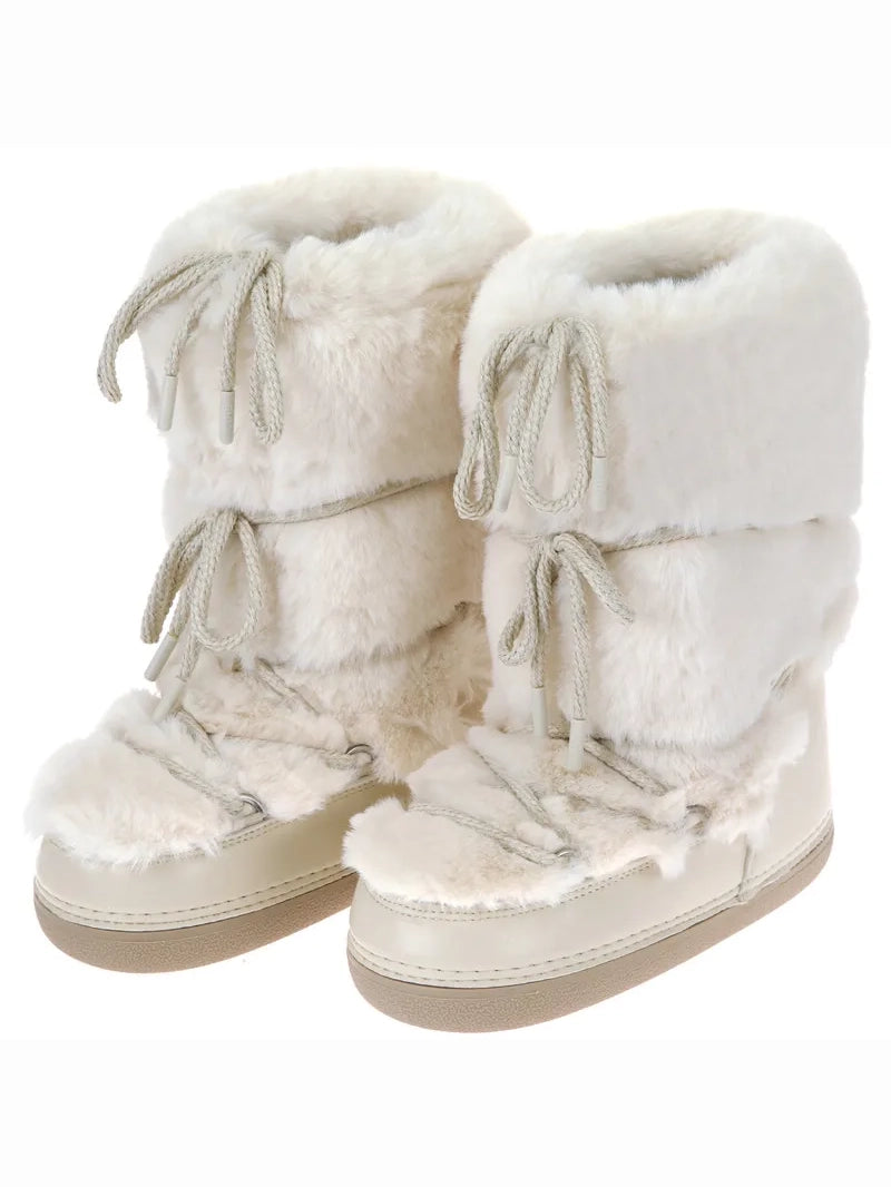 2023 Winter Fur Boots Snow Boots Women Ski Boots Fluffy Hairy Lace Up Middle Calf Platform Flat With White Cotton Boots