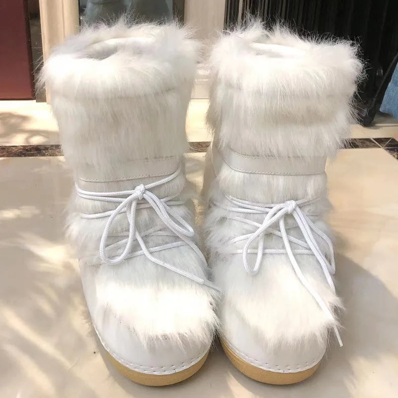 2023 Winter Fur Boots Snow Boots Women Ski Boots Fluffy Hairy Lace Up Middle Calf Platform Flat With White Cotton Boots