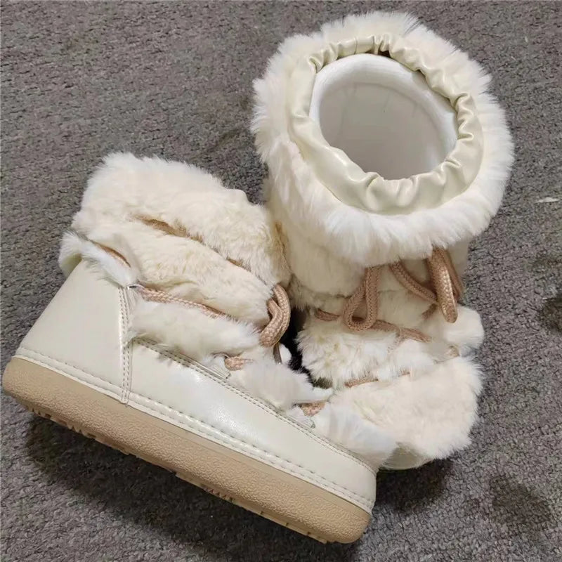 2023 Winter Fur Boots Snow Boots Women Ski Boots Fluffy Hairy Lace Up Middle Calf Platform Flat With White Cotton Boots