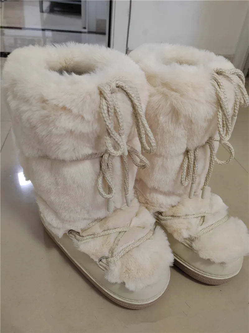 2023 Winter Fur Boots Snow Boots Women Ski Boots Fluffy Hairy Lace Up Middle Calf Platform Flat With White Cotton Boots