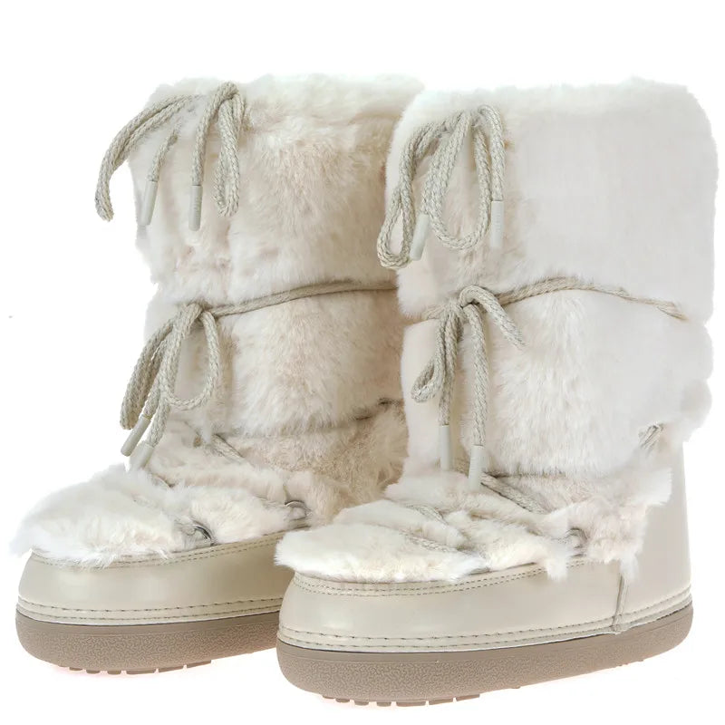 2023 Winter Fur Boots Snow Boots Women Ski Boots Fluffy Hairy Lace Up Middle Calf Platform Flat With White Cotton Boots