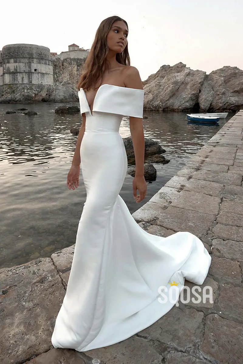 A-Line Off-Shoulder V-Neck Satin Wedding Dress Bridal Gowns With Train QW8057