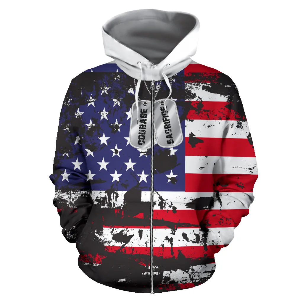 American Flag and Tags Zip-Up Hoodie