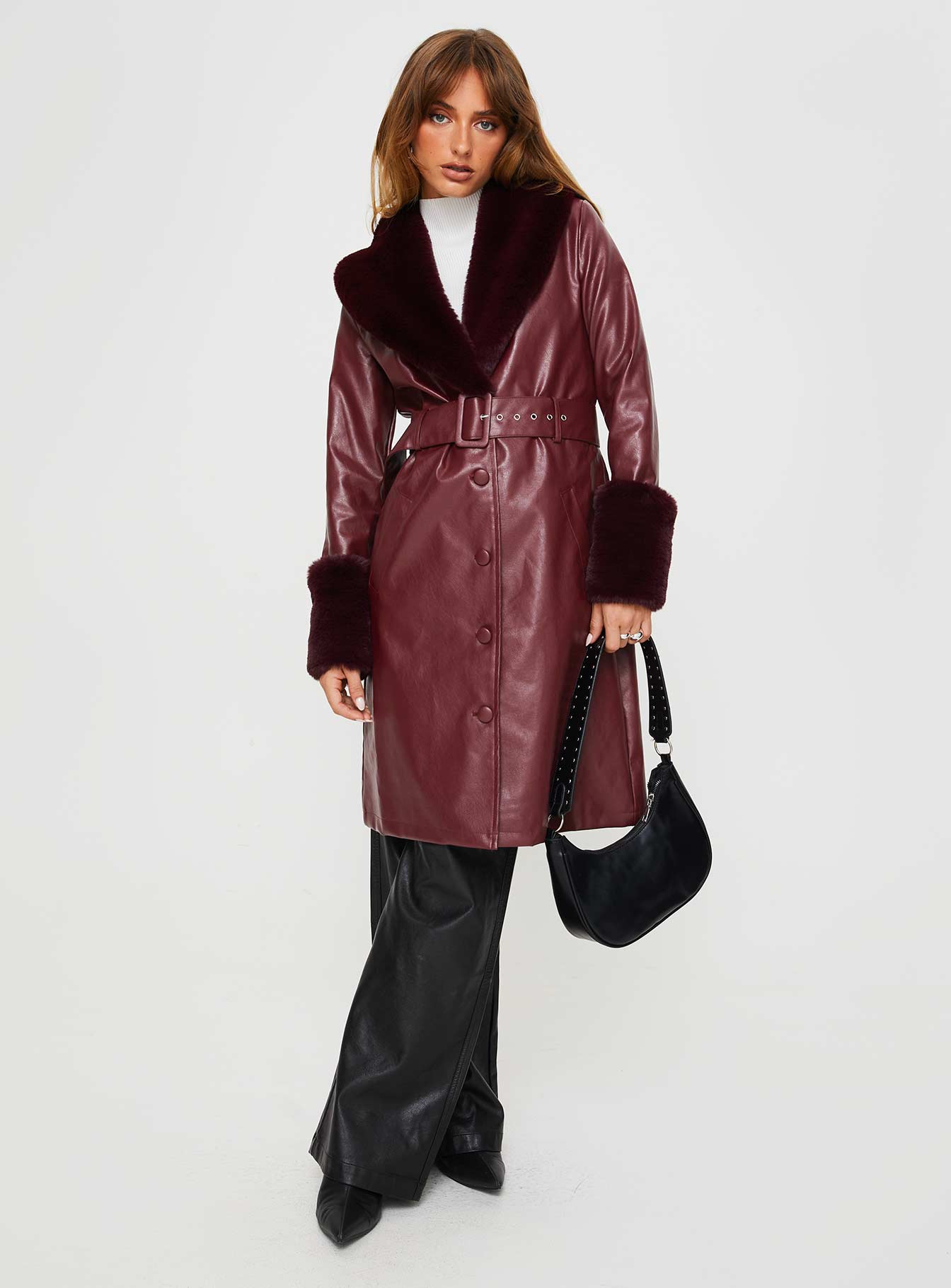 Brooklyn Faux Leather Longline Coat Burgundy