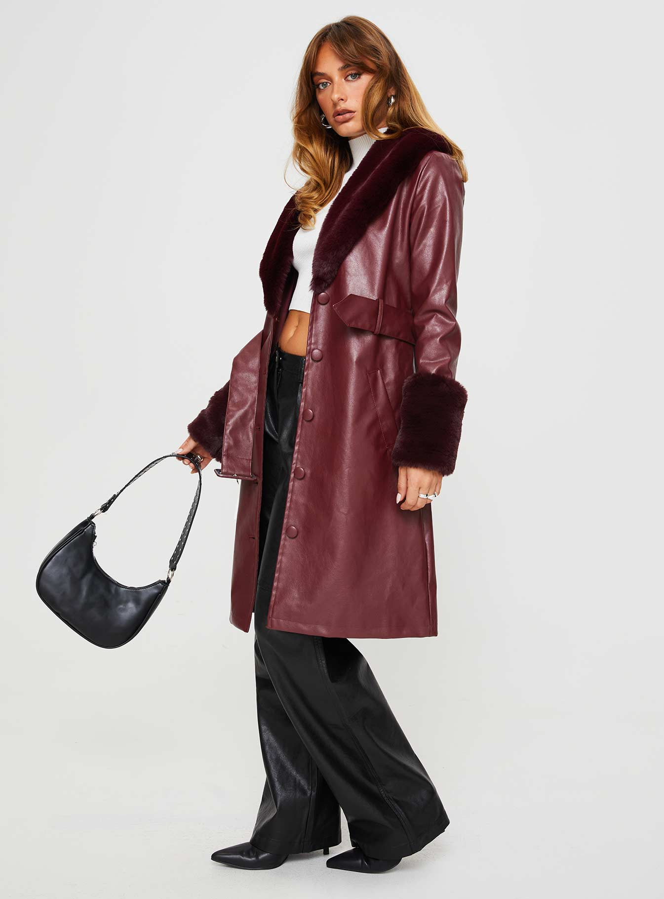 Brooklyn Faux Leather Longline Coat Burgundy