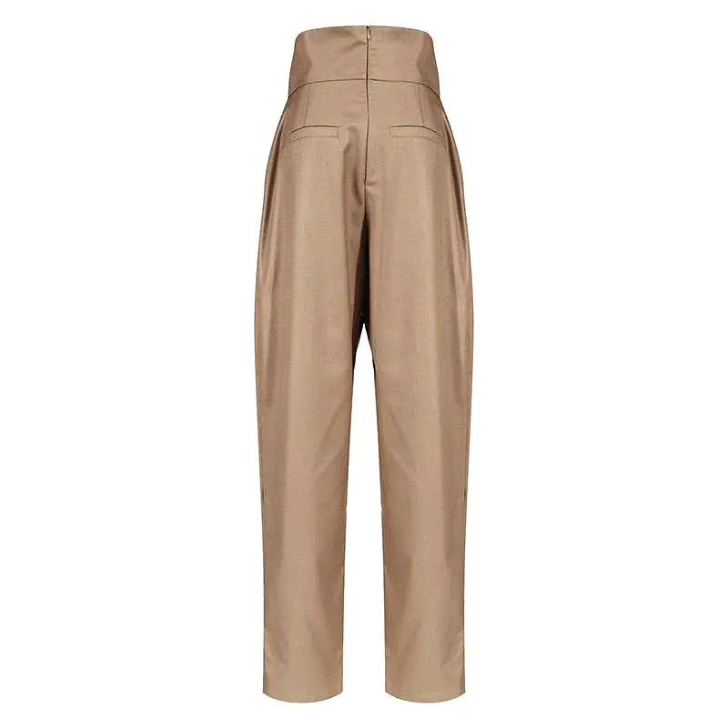 Brown High Waisted Ruched Gold Button Pants