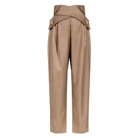 Brown High Waisted Ruched Gold Button Pants