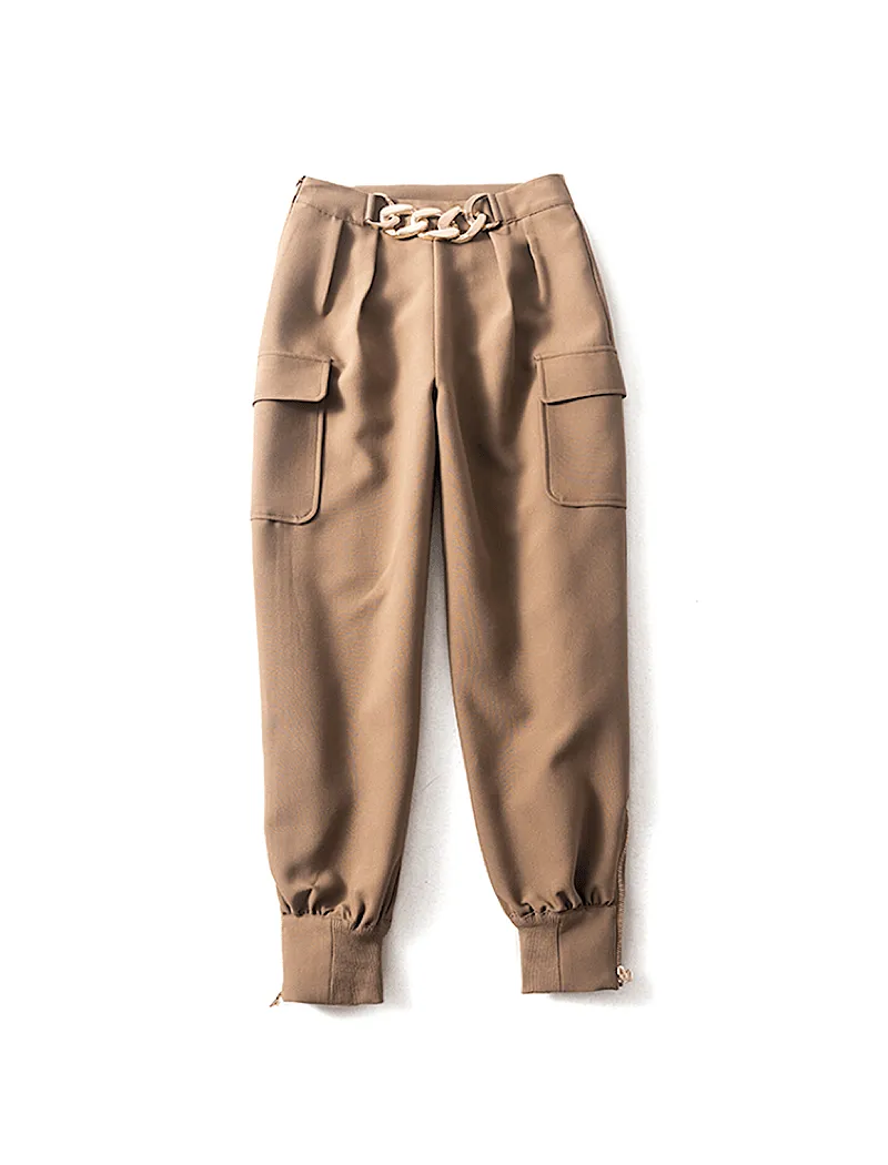 Brown Luxury Golden Chain Zippered Cargo Pants