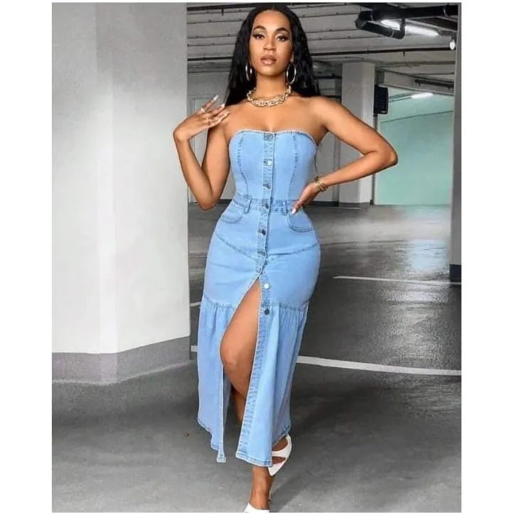 Buttoned Front Tube Denim dress