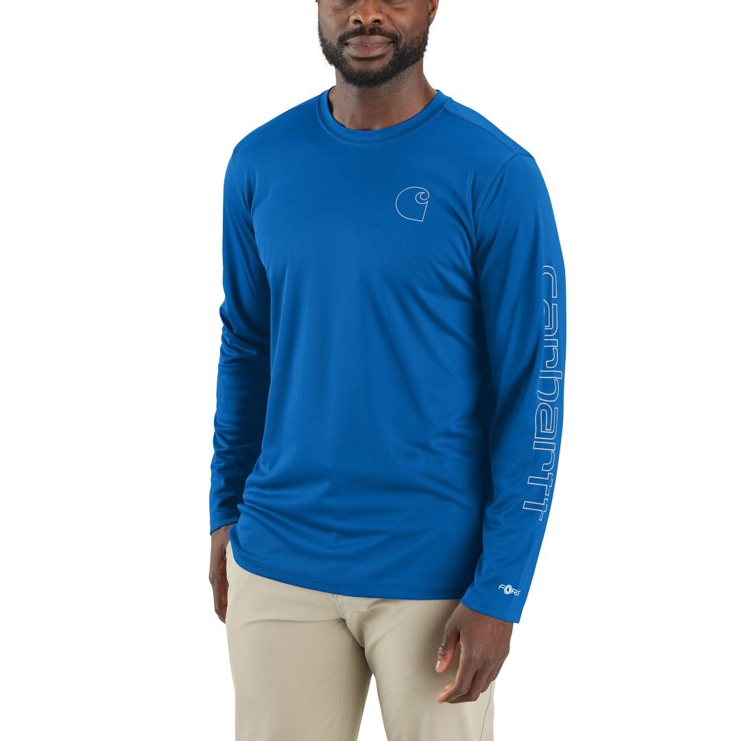 Carhartt Men's Force Sun Defender Lightweight Long-Sleeve Logo Graphic T-Shirt in Beacon Blue