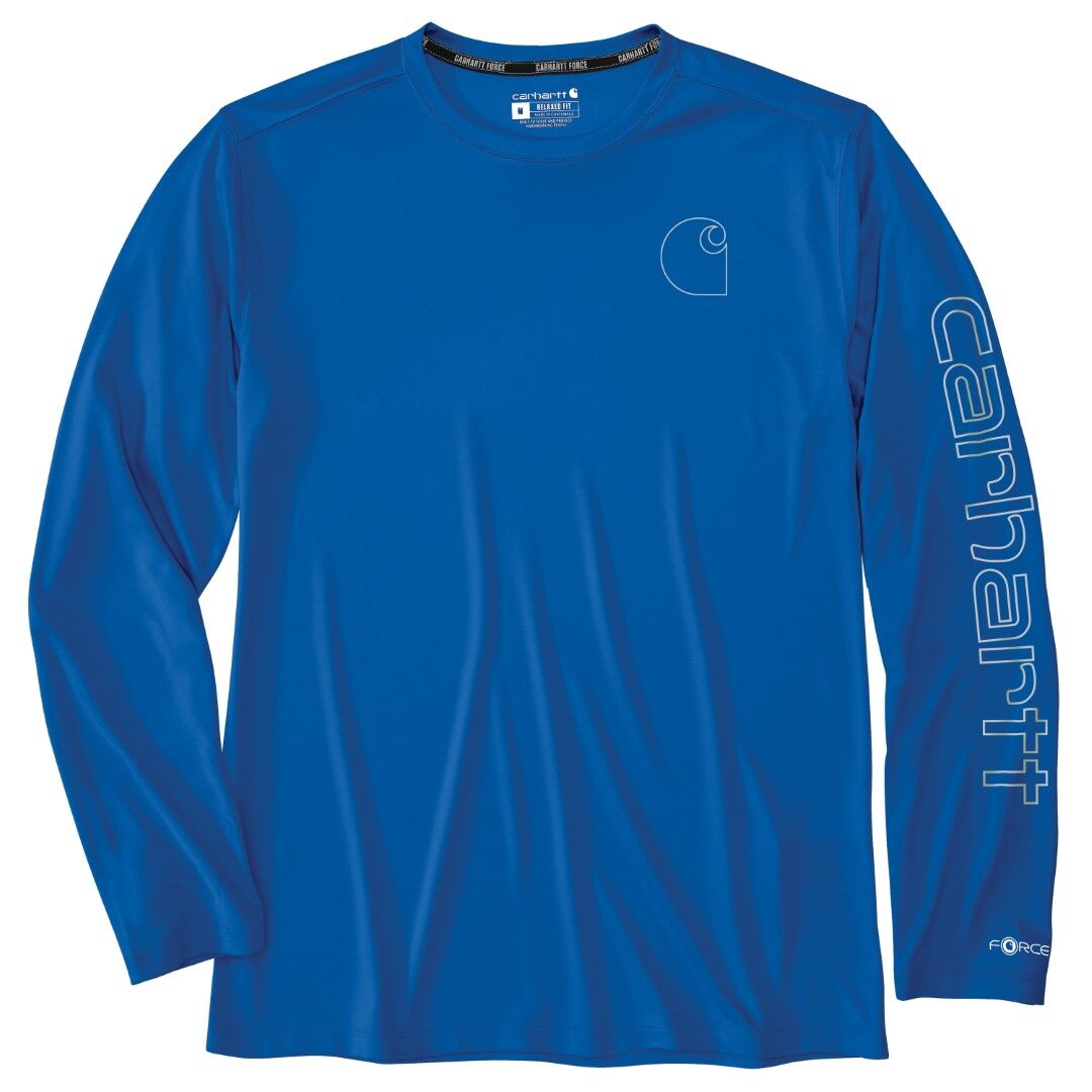 Carhartt Men's Force Sun Defender Lightweight Long-Sleeve Logo Graphic T-Shirt in Beacon Blue