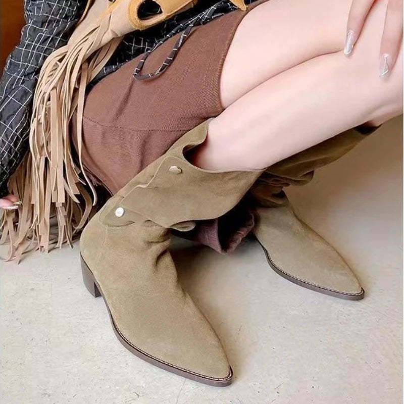 Classic Western Cowboy Boots for Women 2023 New Suede Pointed Toe Low-heeled Women's Mid Calf Boots Foldable Casual Boots Female