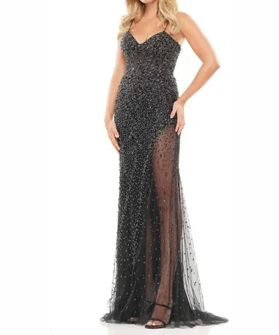 COLORS DRESS Embellished Sheer Overlay Evening Gown