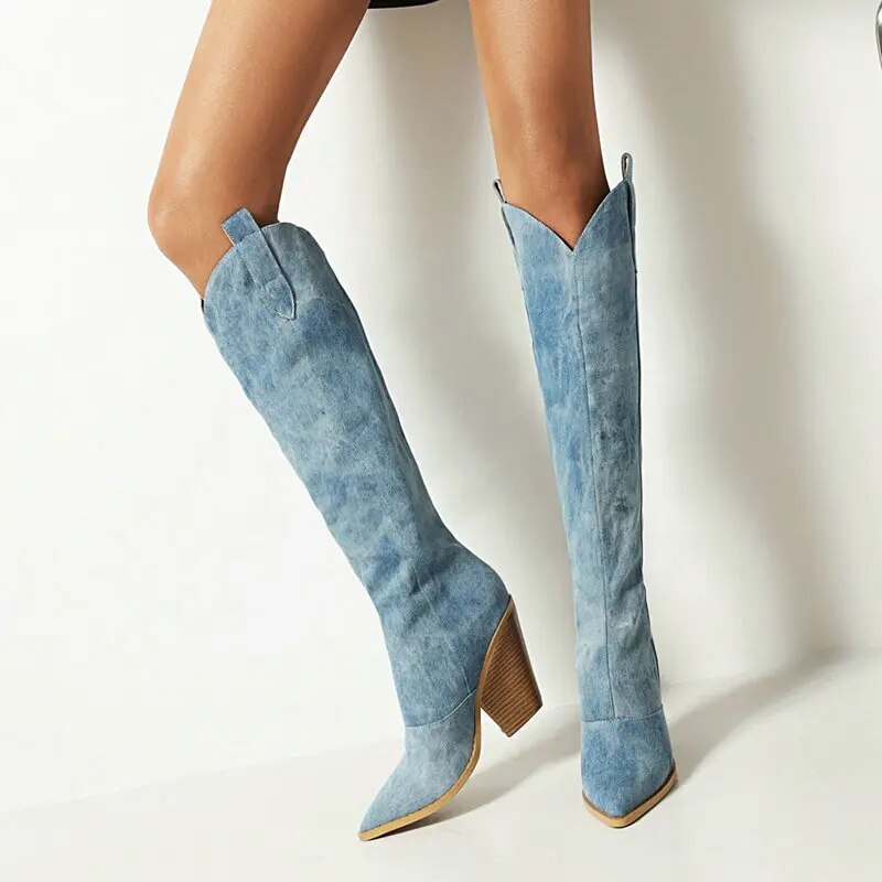 Denim Western Women Knee High  Boots Wedges High Heel Cowboy Boots Slip On Autumn Winter Woman Shoes Big Size 34-43