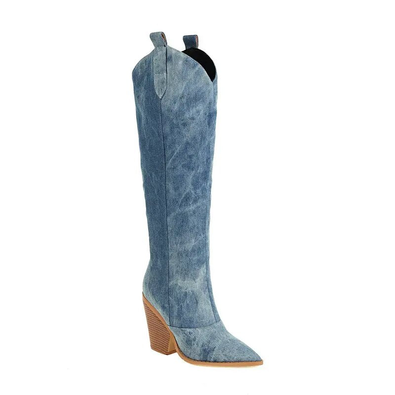 Denim Western Women Knee High  Boots Wedges High Heel Cowboy Boots Slip On Autumn Winter Woman Shoes Big Size 34-43