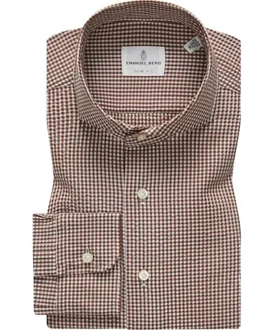 Emanuel Berg Mf Brown Check Cotton Crinkle Dress Shirt In Brown/white