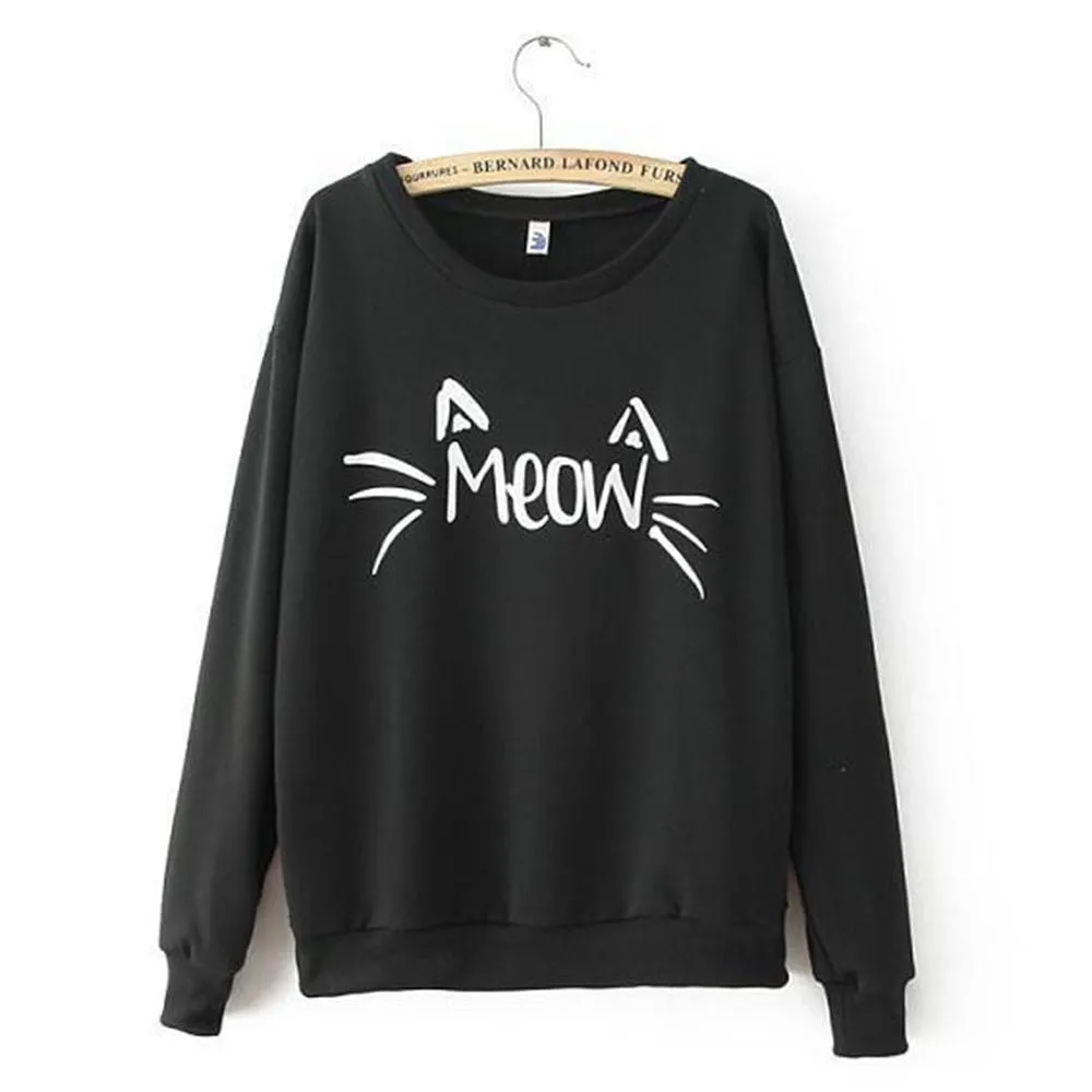 Fashion Women Casual Sweatshirts Long Sleeve Cute MEOW Print Shirts Tops Blouse SM6