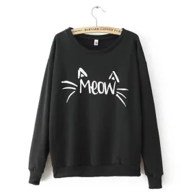 Fashion Women Casual Sweatshirts Long Sleeve Cute MEOW Print Shirts Tops Blouse SM6