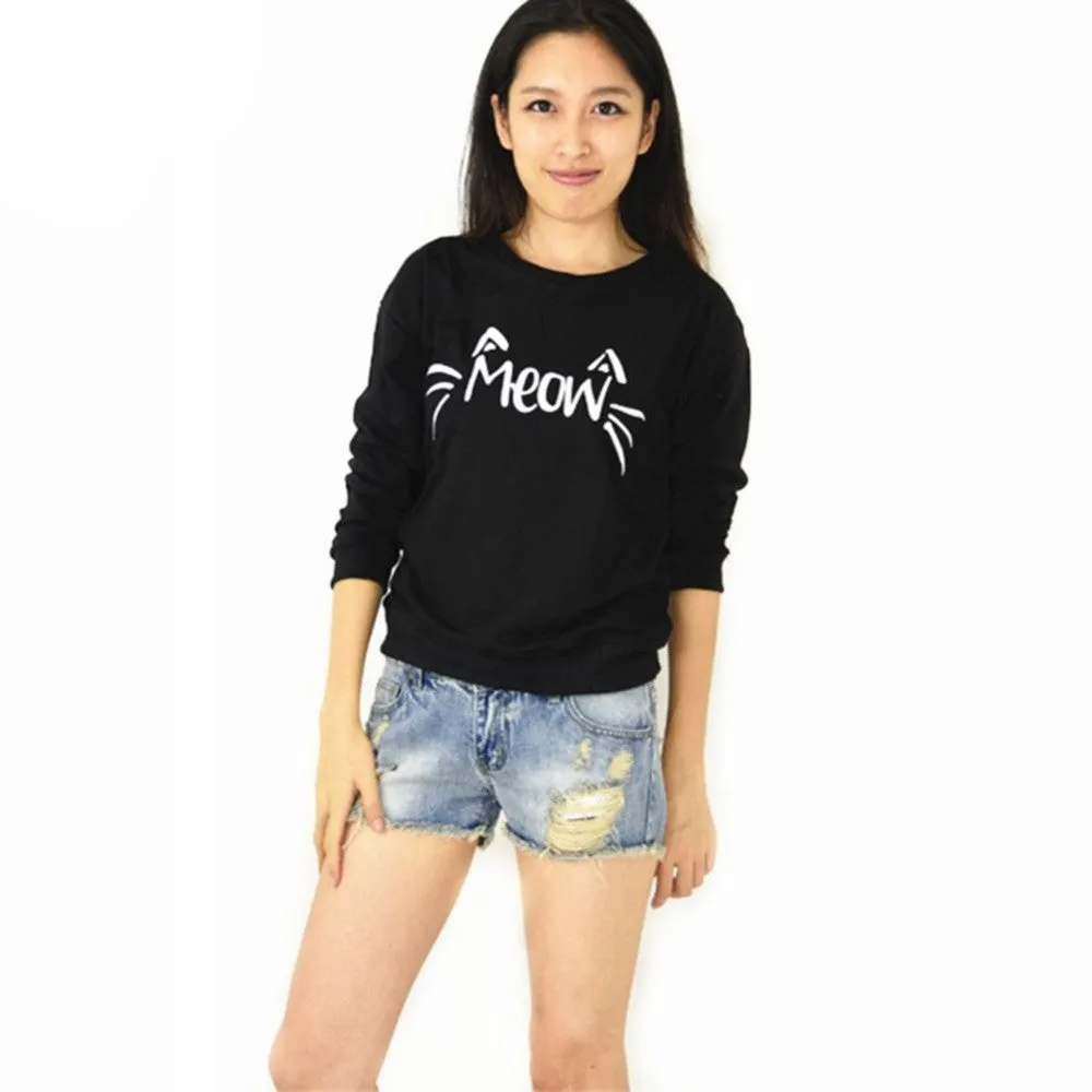 Fashion Women Casual Sweatshirts Long Sleeve Cute MEOW Print Shirts Tops Blouse SM6