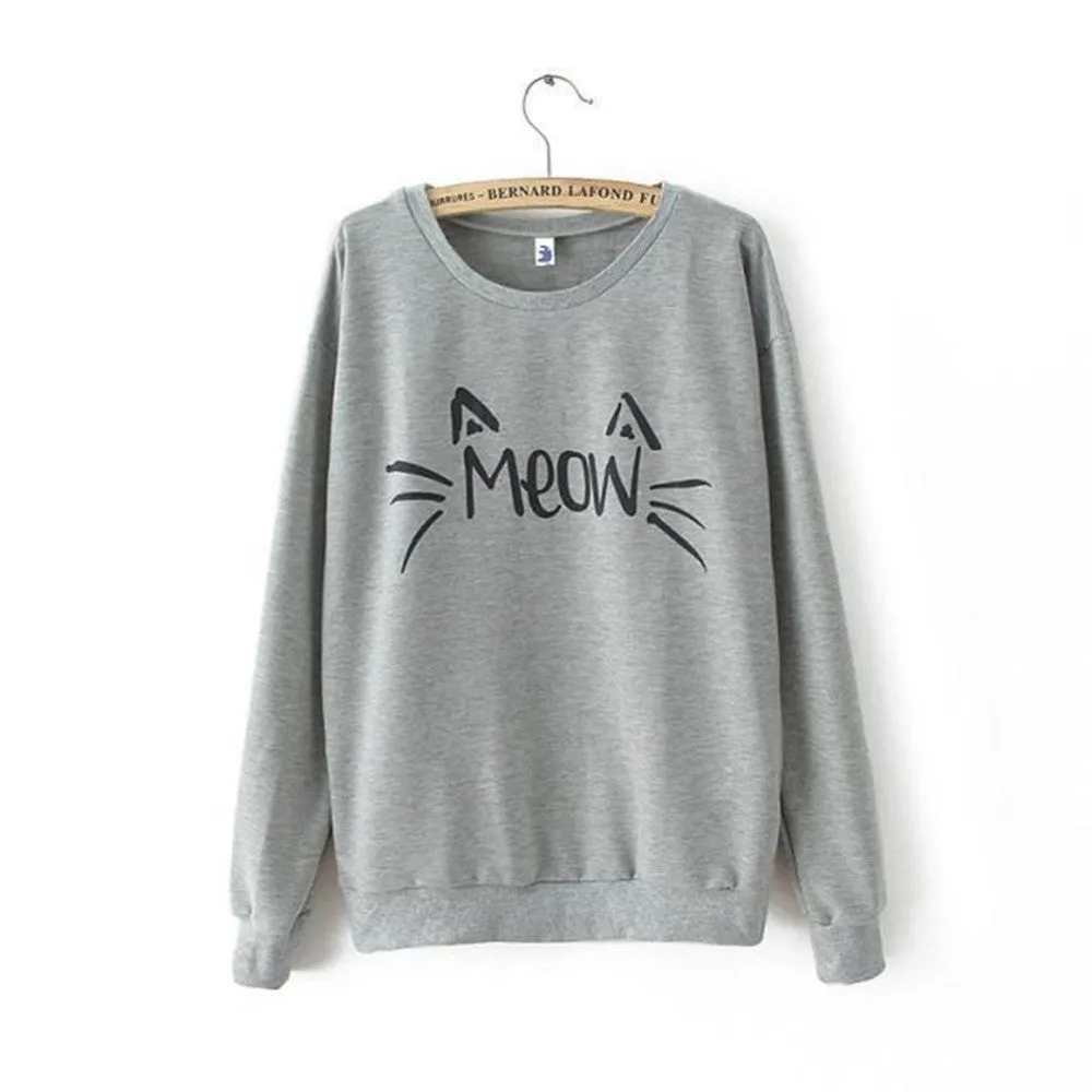 Fashion Women Casual Sweatshirts Long Sleeve Cute MEOW Print Shirts Tops Blouse SM6