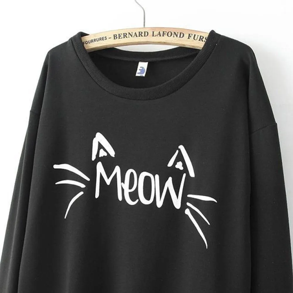 Fashion Women Casual Sweatshirts Long Sleeve Cute MEOW Print Shirts Tops Blouse SM6