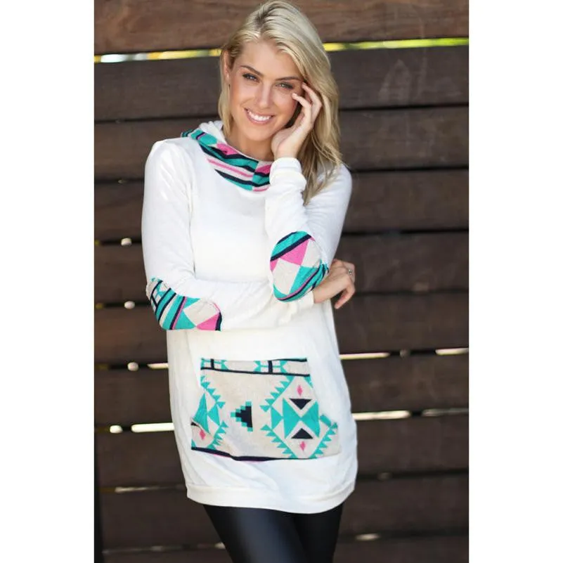 Feida Autum Womens Geometric Printing Pocket Hoodie Hooded Pullover Tops Blouse Fast Shipping