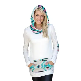 Feida Autum Womens Geometric Printing Pocket Hoodie Hooded Pullover Tops Blouse Fast Shipping