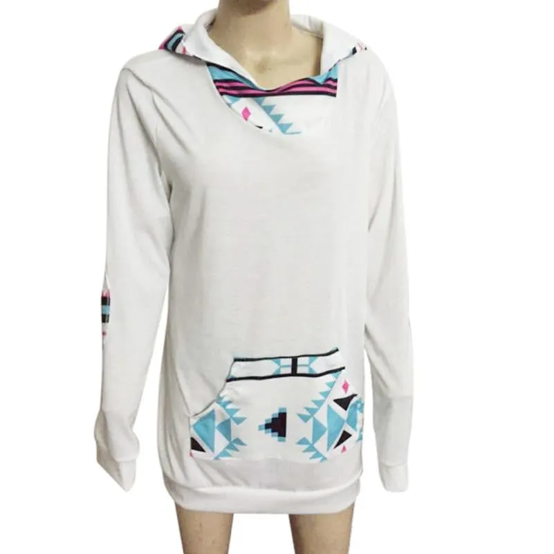 Feida Autum Womens Geometric Printing Pocket Hoodie Hooded Pullover Tops Blouse Fast Shipping