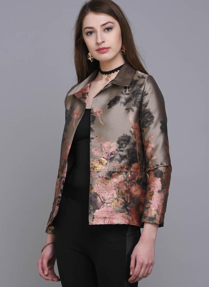 Floral Brocade Open-Front Jacket