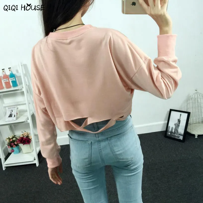 Hollow Out Women Hoodies Sweatshirts Loose Long Sleeve Pink Youth Autumn Fashion Wear Kroean Clothing Felpe Donna#C105 SM6