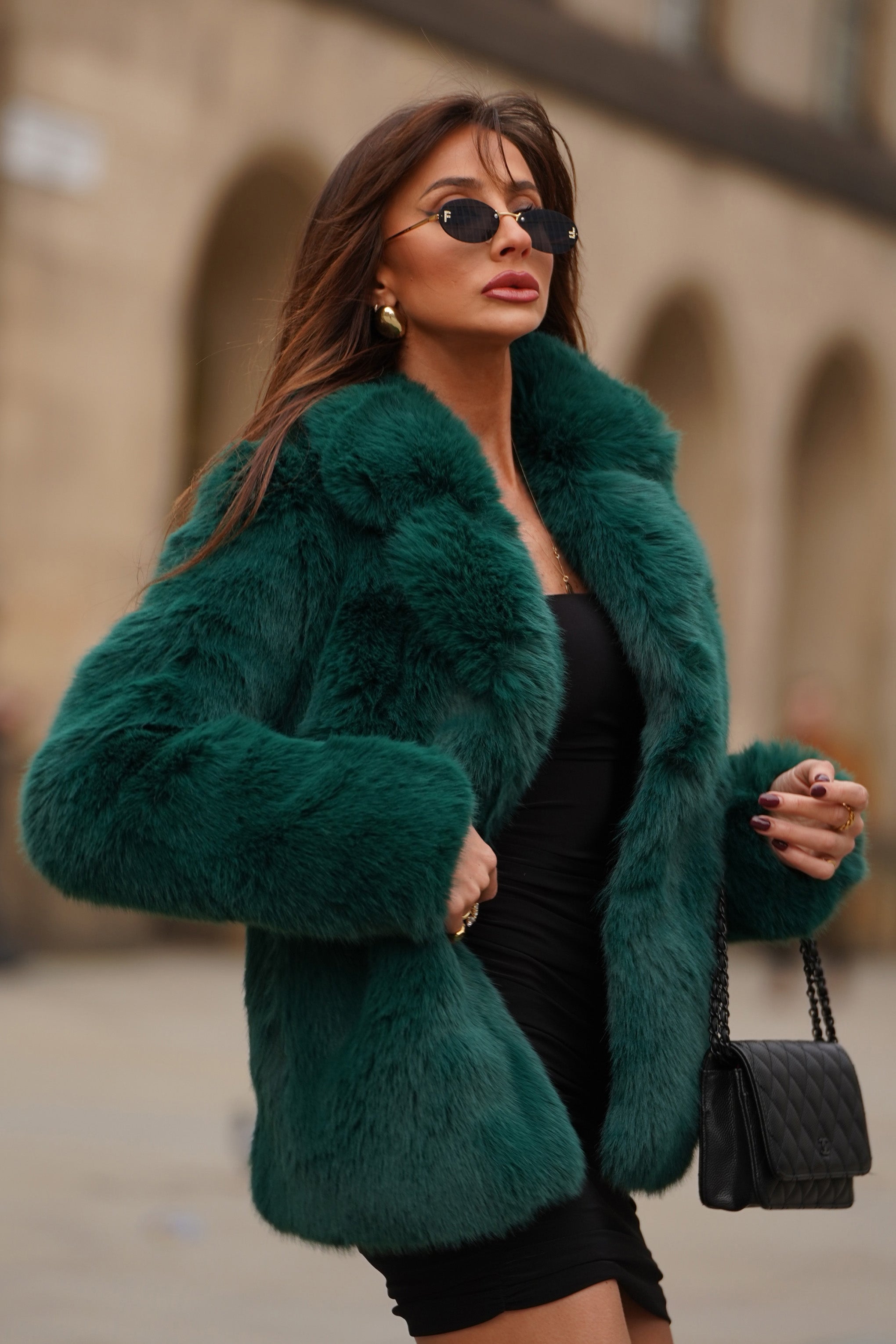 Hot Toddy | Bottle Green Short Faux Fur Coat