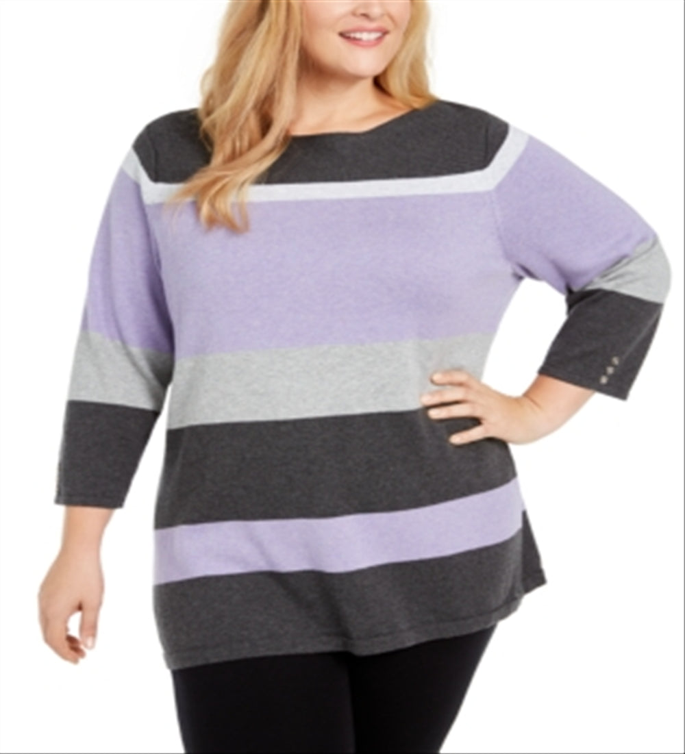 Karen Scott Women's Striped Ballet Neck Cotton Sweater Purple Size 2X