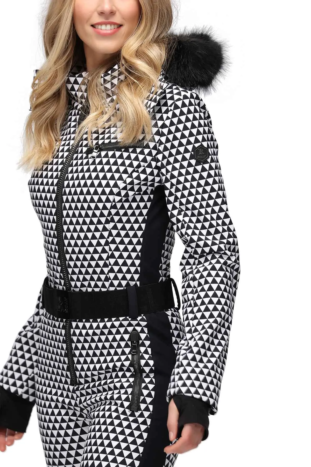 Kelly by Sissy Pearl Softshell One Piece Ski Suit in Black and White with Faux Fur