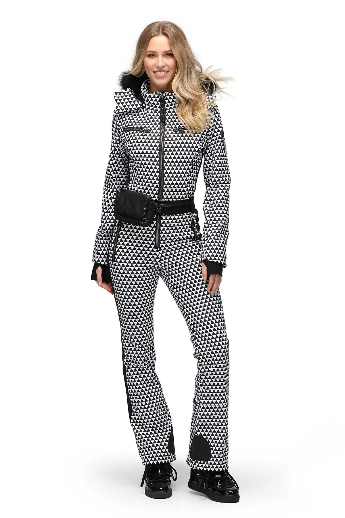 Kelly by Sissy Pearl Softshell One Piece Ski Suit in Black and White with Faux Fur