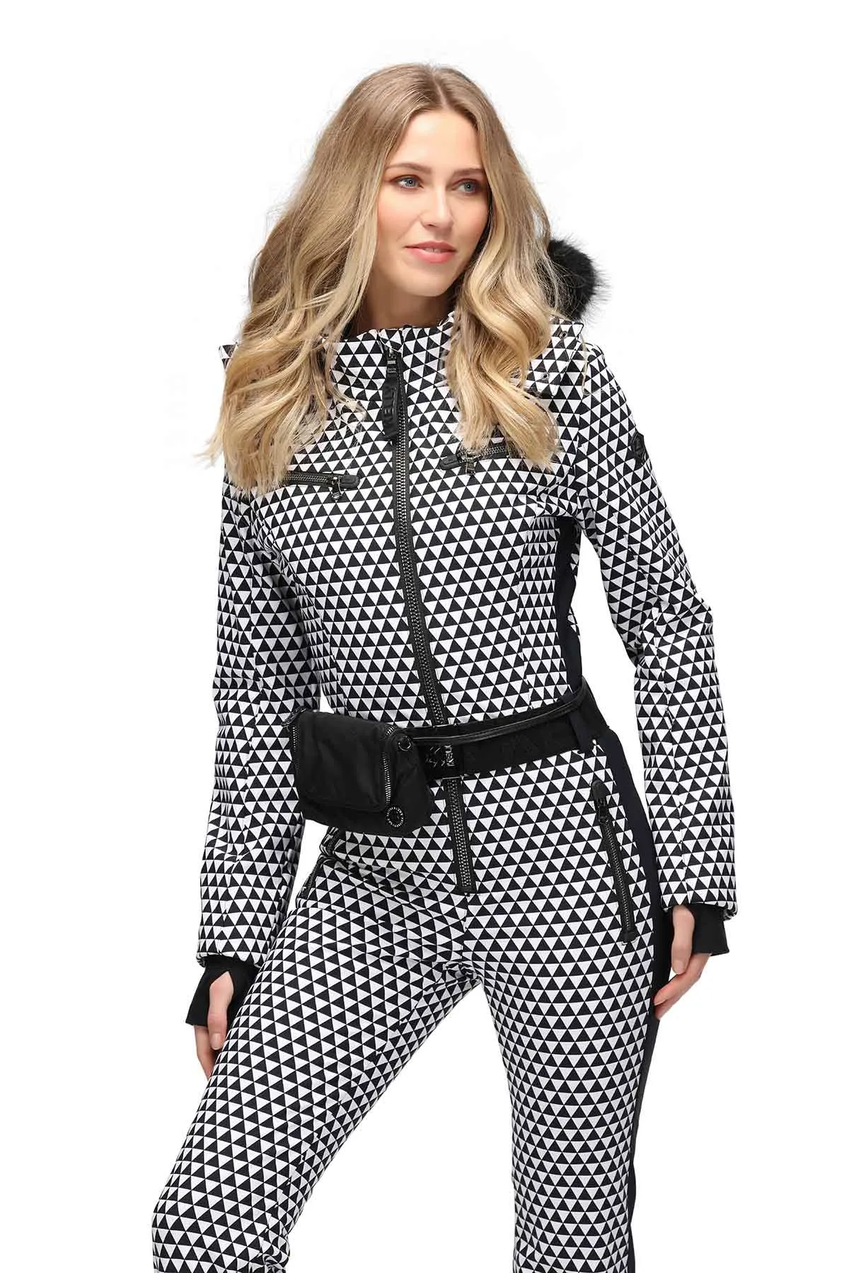 Kelly by Sissy Pearl Softshell One Piece Ski Suit in Black and White with Faux Fur