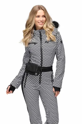 Kelly by Sissy Pearl Softshell One Piece Ski Suit in Black and White with Faux Fur