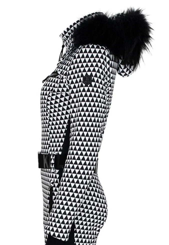 Kelly by Sissy Pearl Softshell One Piece Ski Suit in Black and White with Faux Fur