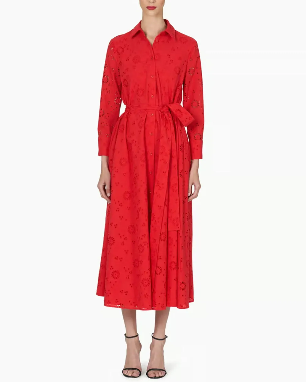 Lacquer Red Collared Tie Waist Midi Shirt Dress