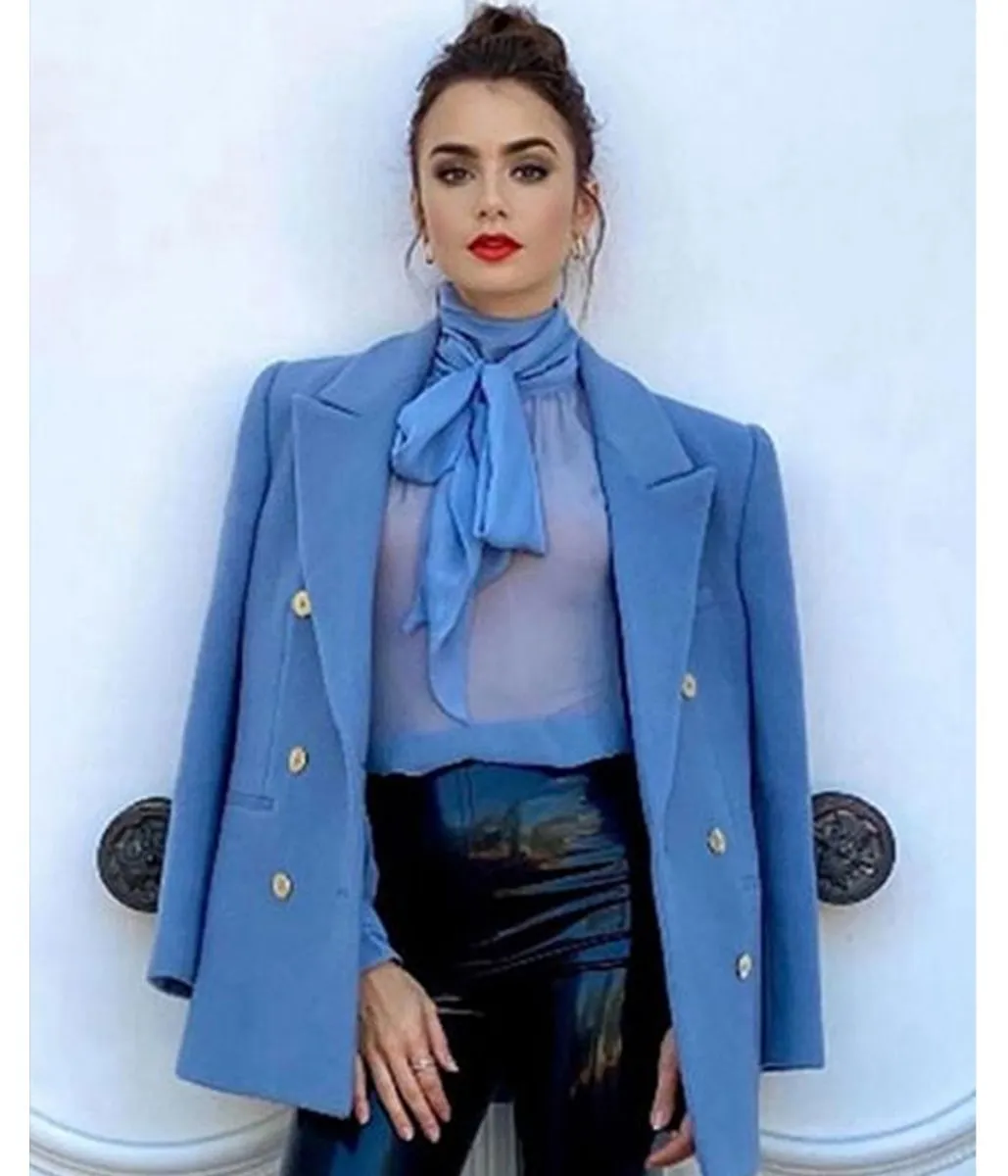 Lily Collins Emily in Paris Wool Blue Peacoat