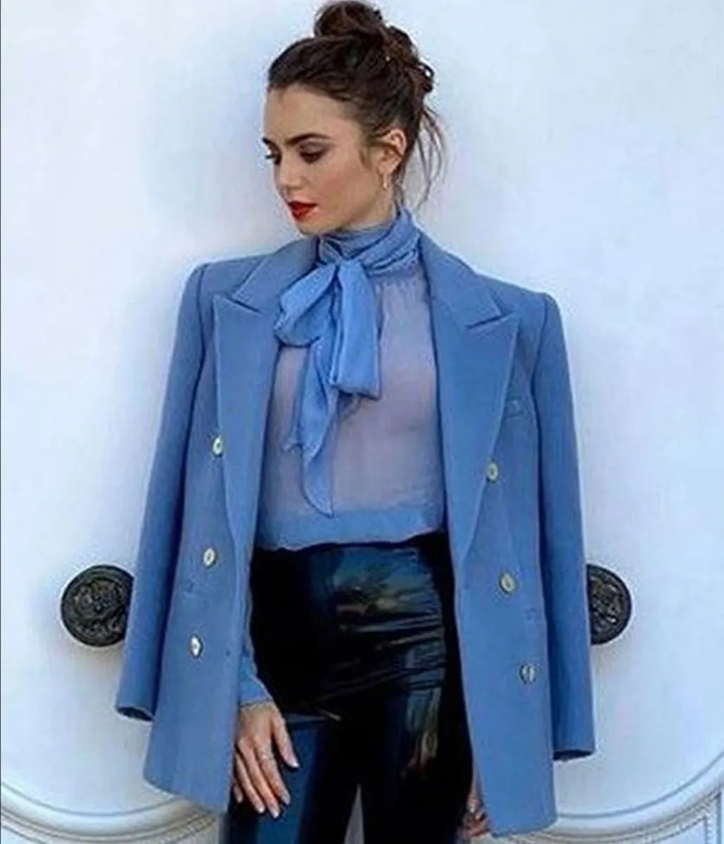 Lily Collins Emily in Paris Wool Blue Peacoat