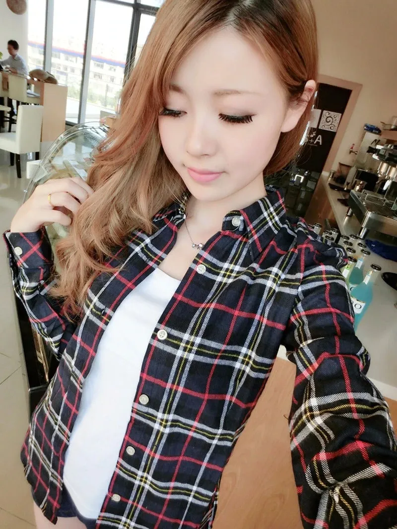 Long Sleeved XL Turn Down Collar Women’s Plaid Pattern Shirt for Autumn on Clearance