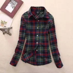 Long Sleeved XL Turn Down Collar Women’s Plaid Pattern Shirt for Autumn on Clearance