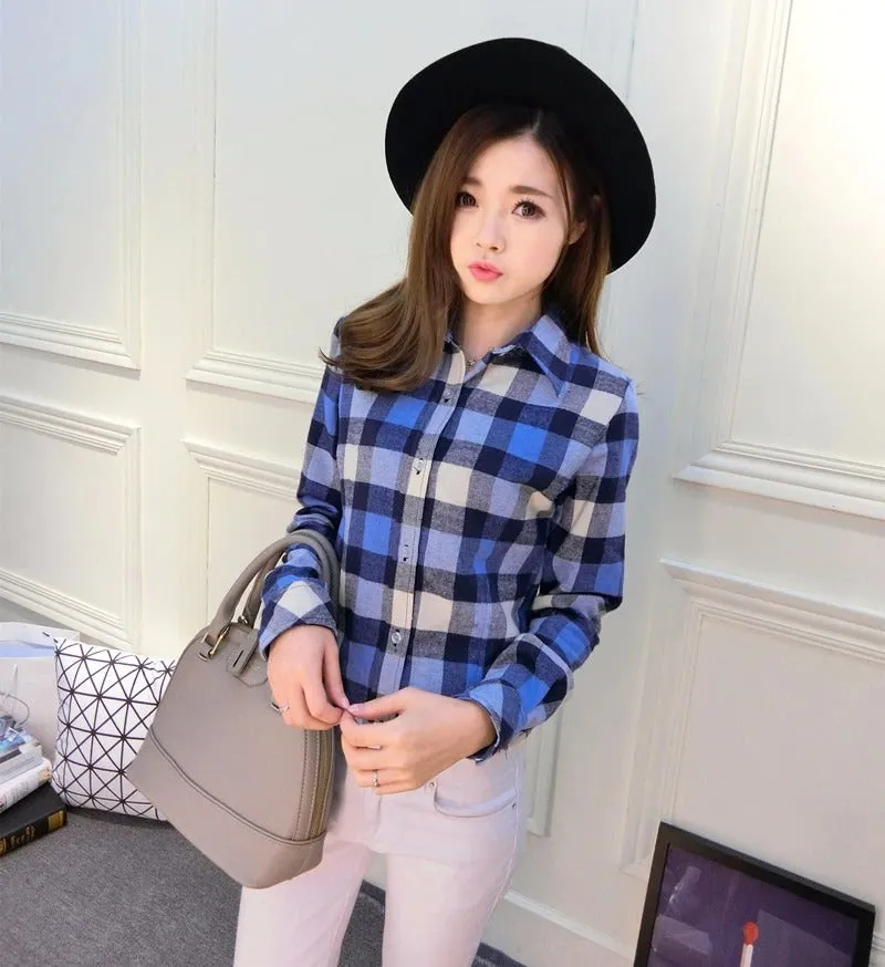 Long Sleeved XL Turn Down Collar Women’s Plaid Pattern Shirt for Autumn on Clearance