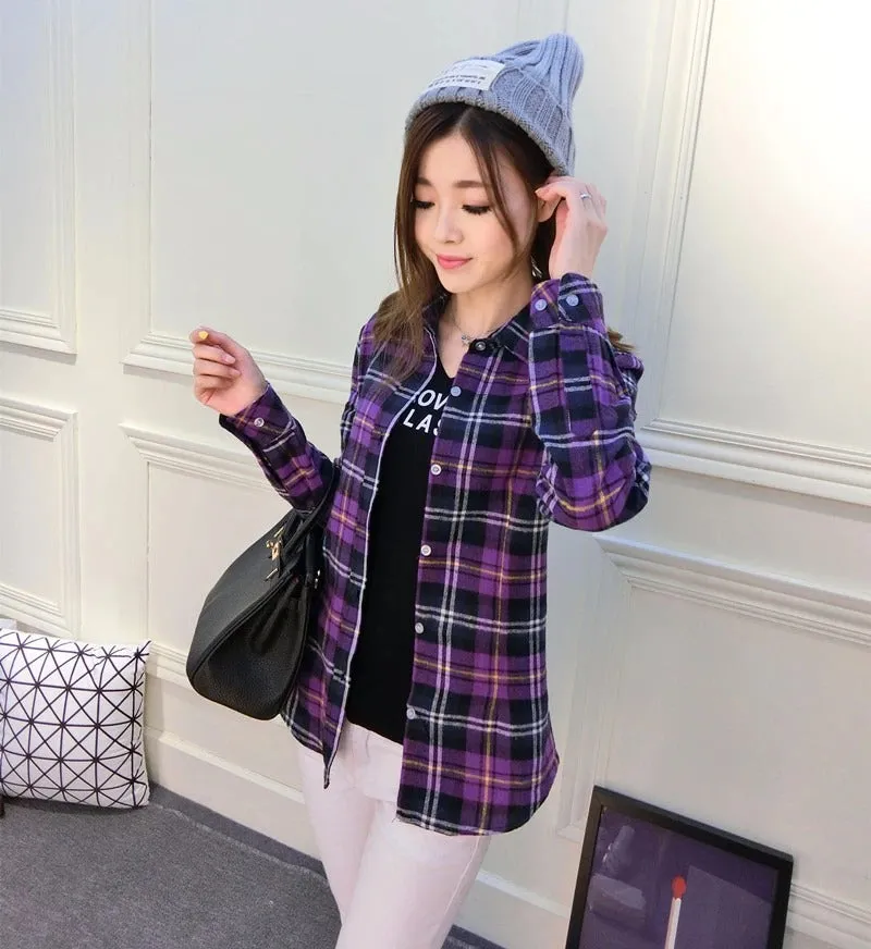 Long Sleeved XL Turn Down Collar Women’s Plaid Pattern Shirt for Autumn on Clearance