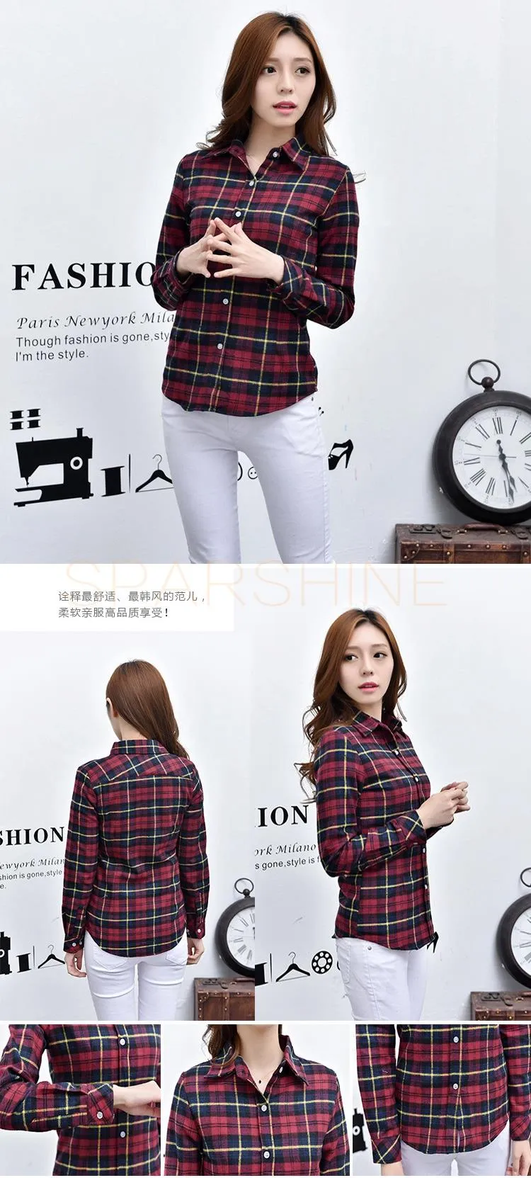 Long Sleeved XL Turn Down Collar Women’s Plaid Pattern Shirt for Autumn on Clearance