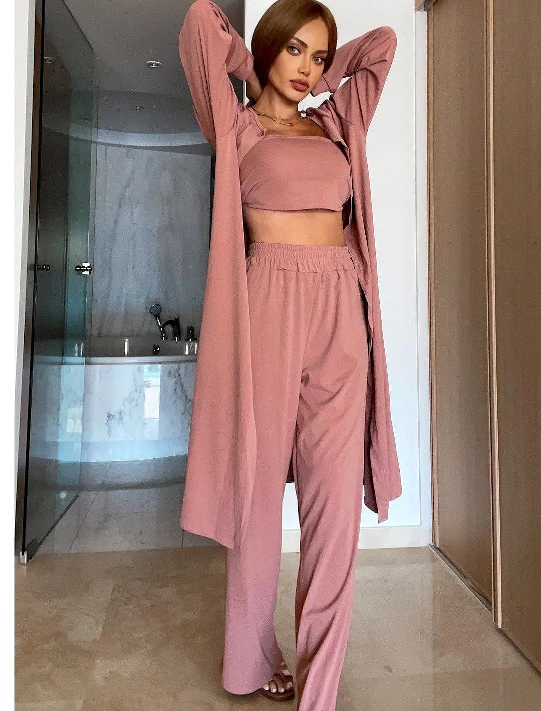 Loose Pants Bandeau And Robe Three Piece Set