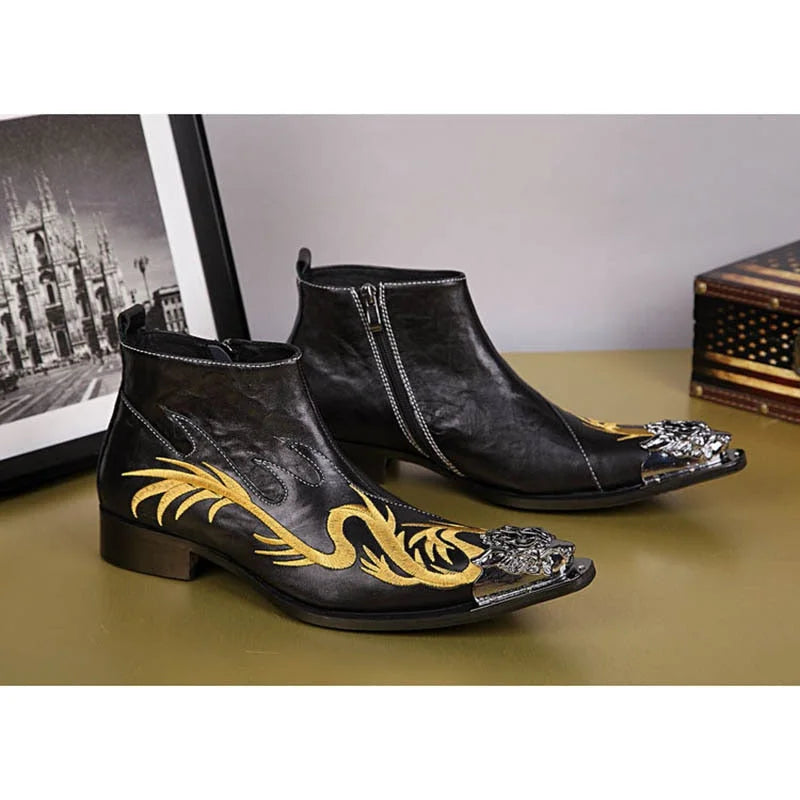 Luxury Designer Men's Genuine Leather Embroidery Zipper Ankle Boots