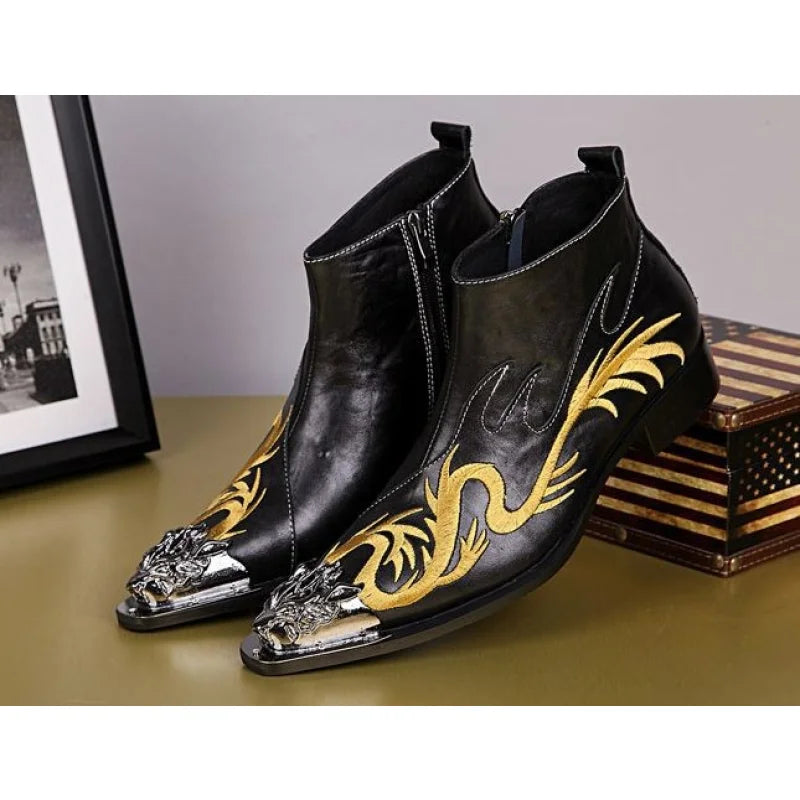 Luxury Designer Men's Genuine Leather Embroidery Zipper Ankle Boots