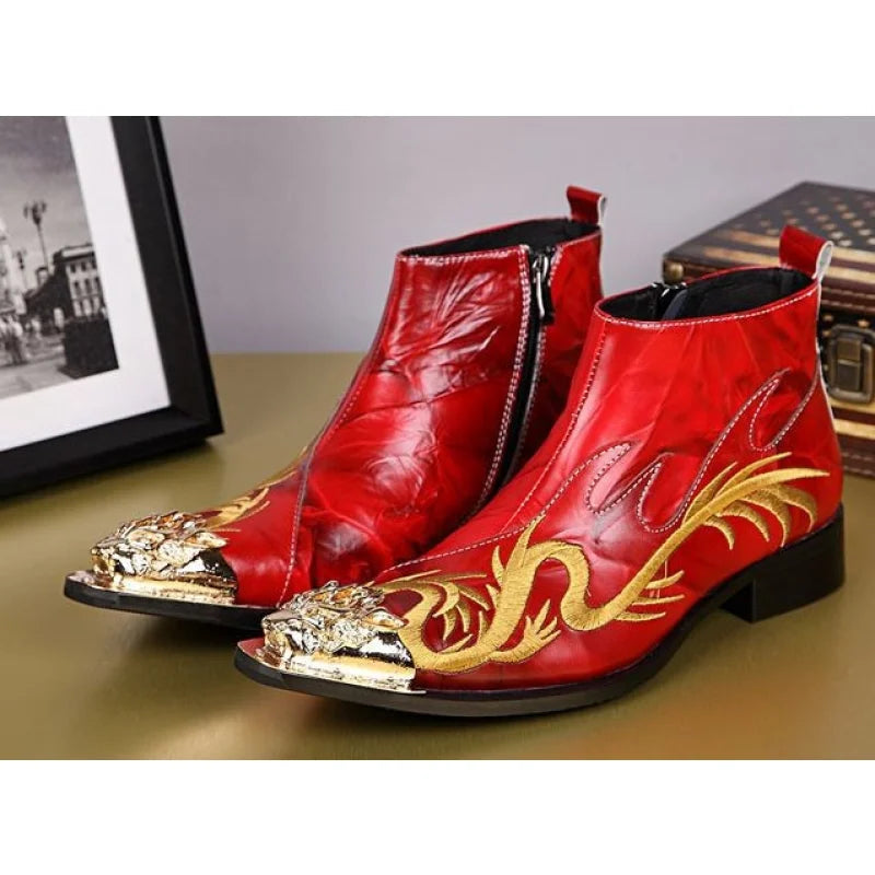 Luxury Designer Men's Genuine Leather Embroidery Zipper Ankle Boots