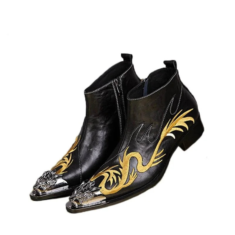 Luxury Designer Men's Genuine Leather Embroidery Zipper Ankle Boots